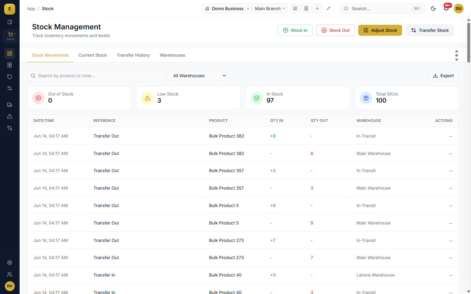 Stock overview in E-Khata Cloud showing quantities that sync to Shopify