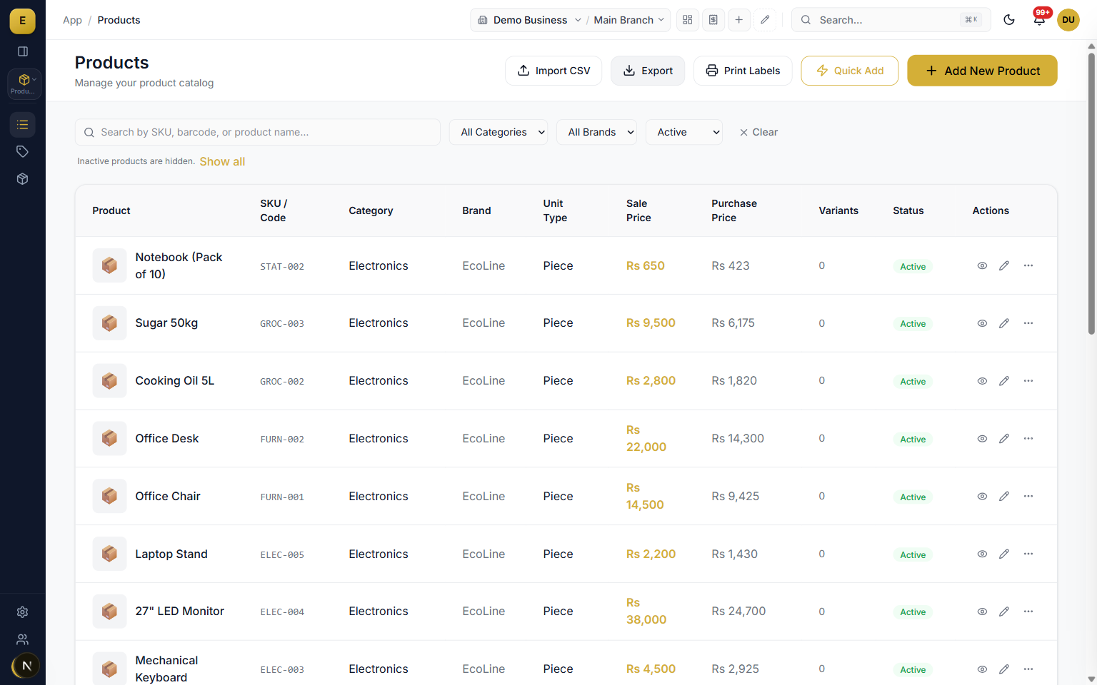 Product catalog in E-Khata Cloud that stays in sync with a Shopify store