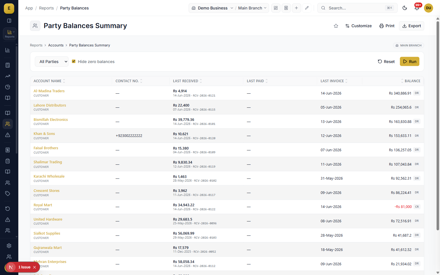 Party balances report tracking cash on delivery receivables for an online seller