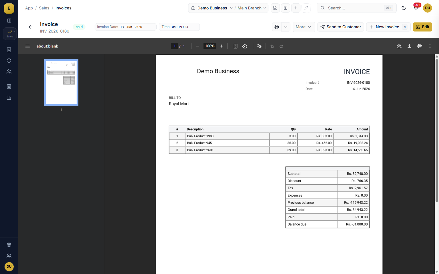 A WooCommerce order posted as a sales invoice in E-Khata Cloud