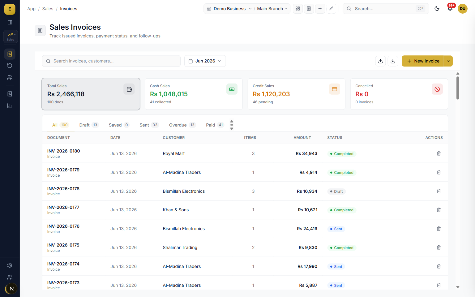 Sales invoice list in E-Khata Cloud where Shopify orders arrive as posted invoices